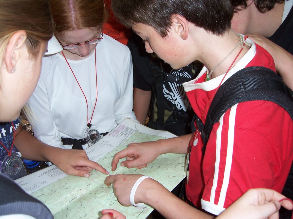 Students studying the map